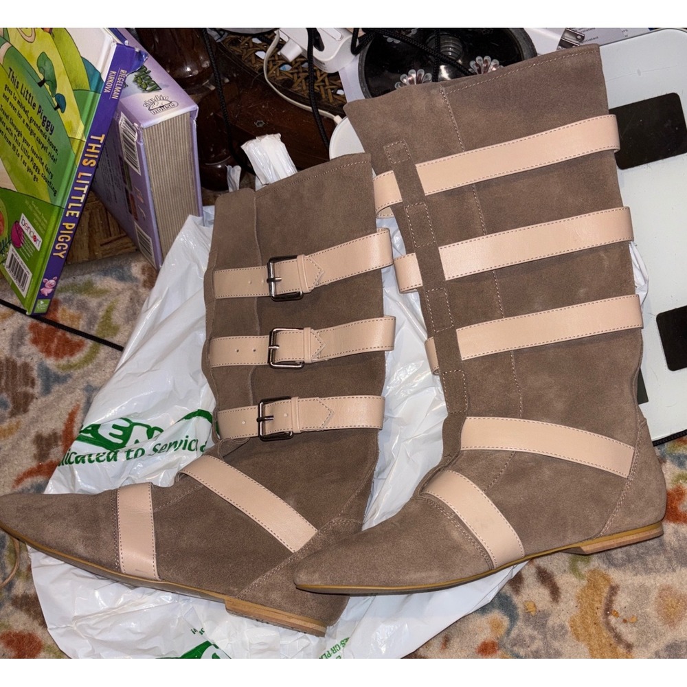Colin Stuart Womens Taupe Suede Cream Leather Strappy Buckle Flat Boots Size 7